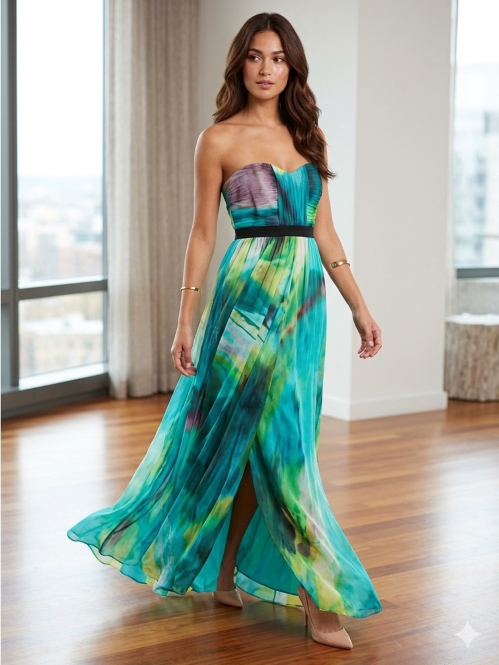 VTG BCBG MAXAZRIA Strapless Watercolor Silk Maxi Dress in Teal & Green